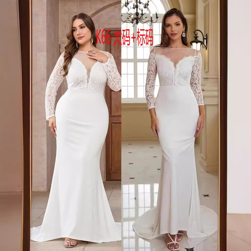 Plus Size Standard Size Dress European and American Style Long-Sleeve Lace Trailing White Wedding Banquet Long Dress Autumn and Winter