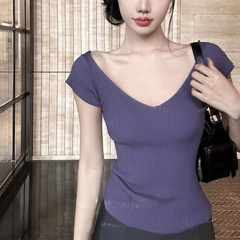 紫色v領針織正肩短袖t恤女夏季體恤法式掐腰設計感修身甜辣小上衣