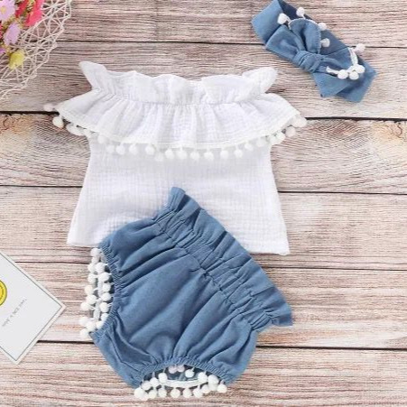 Ins Export Popular Girls Summer Sleeveless Fur Ball Round Neck One-Shoulder Top + Shorts Suit Ready for Sale