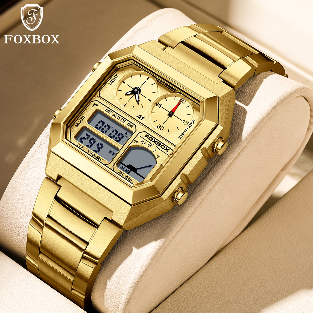 FOXBOX nuevo reloj multifuncional despertador nocturna a prueba de agua para hombres reloj de pulsera de correa de acero
