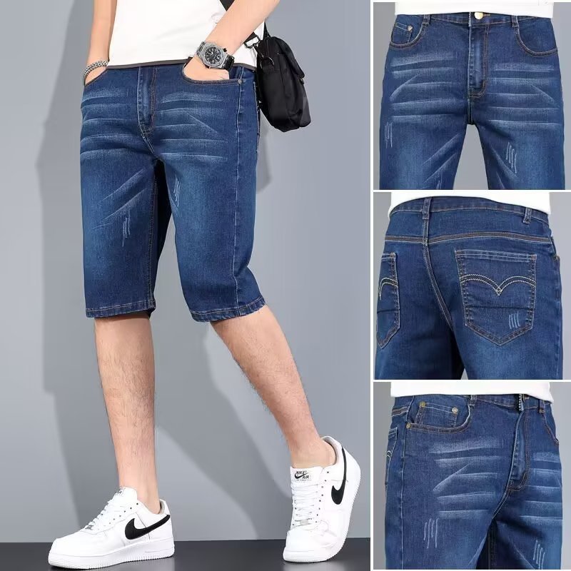 Quần short denim cho nam mùa hè mỏng dáng suông thẳng 2023 mới hợp thời trang thương hiệu thời trang đơn giản, quần dài vừa phải