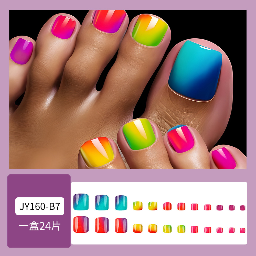 24 piezas en caja de uñas dulces y frescas, parches de uñas de color arco iris, productos terminados, venta en caliente transfronteriza de uñas de pie de gradiente