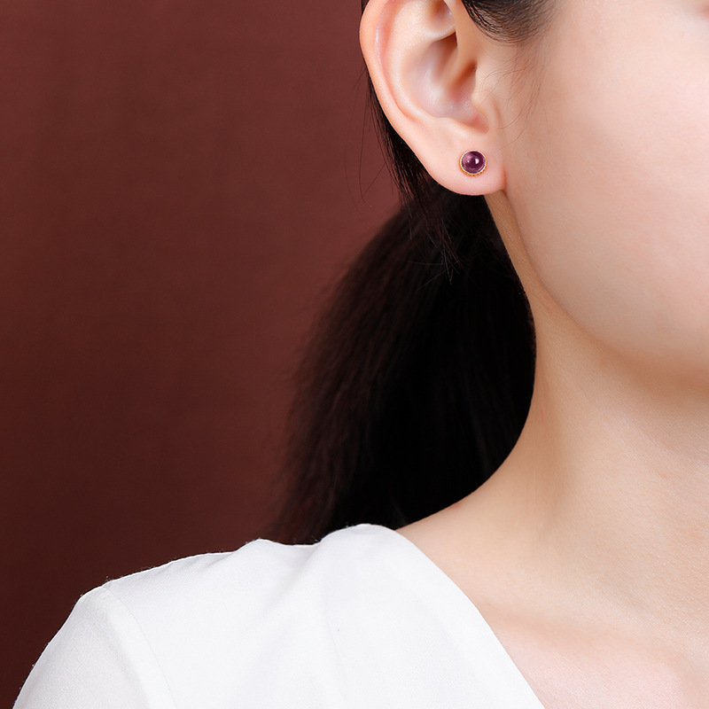 Bông tai bạc S925 mạ vàng đính thạch anh tím hạt tròn — một cặp