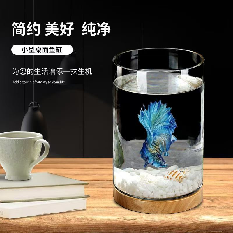 圆柱斗鱼缸玻璃缸办公桌面微景缸创意造景发光底座装饰生态金鱼缸|undefined