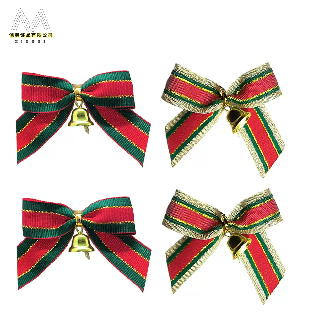 跨境定制DIY圣诞节红绿缎带蝴蝶结铃铛迷你蝴蝶结丝带蝴蝶结铃铛