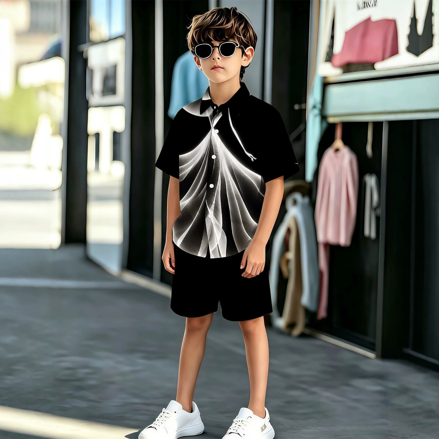 New Product Designs With 3D Printed Patterns, Boys' Shirt And Shorts Set, For Sales_voghion.com