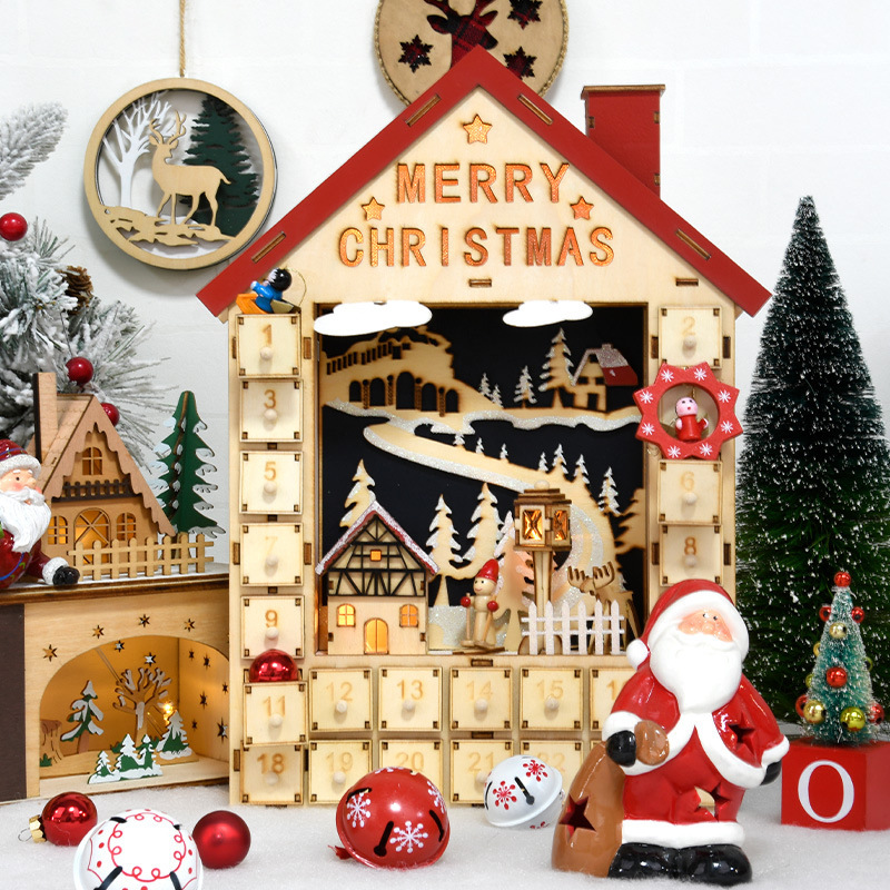 Navidad decoración de Navidad luminosa calendario de madera hecha a mano caja de tiempo decoración ventana de decoración escritorio