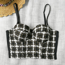 加工定制千鸟格吊带背心外穿小香风格子鱼骨上衣撞色毛呢抹胸女潮