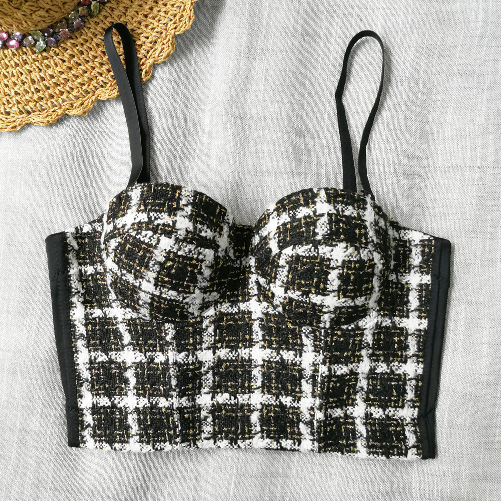 加工定制千鸟格吊带背心外穿小香风格子鱼骨上衣撞色毛呢抹胸女潮