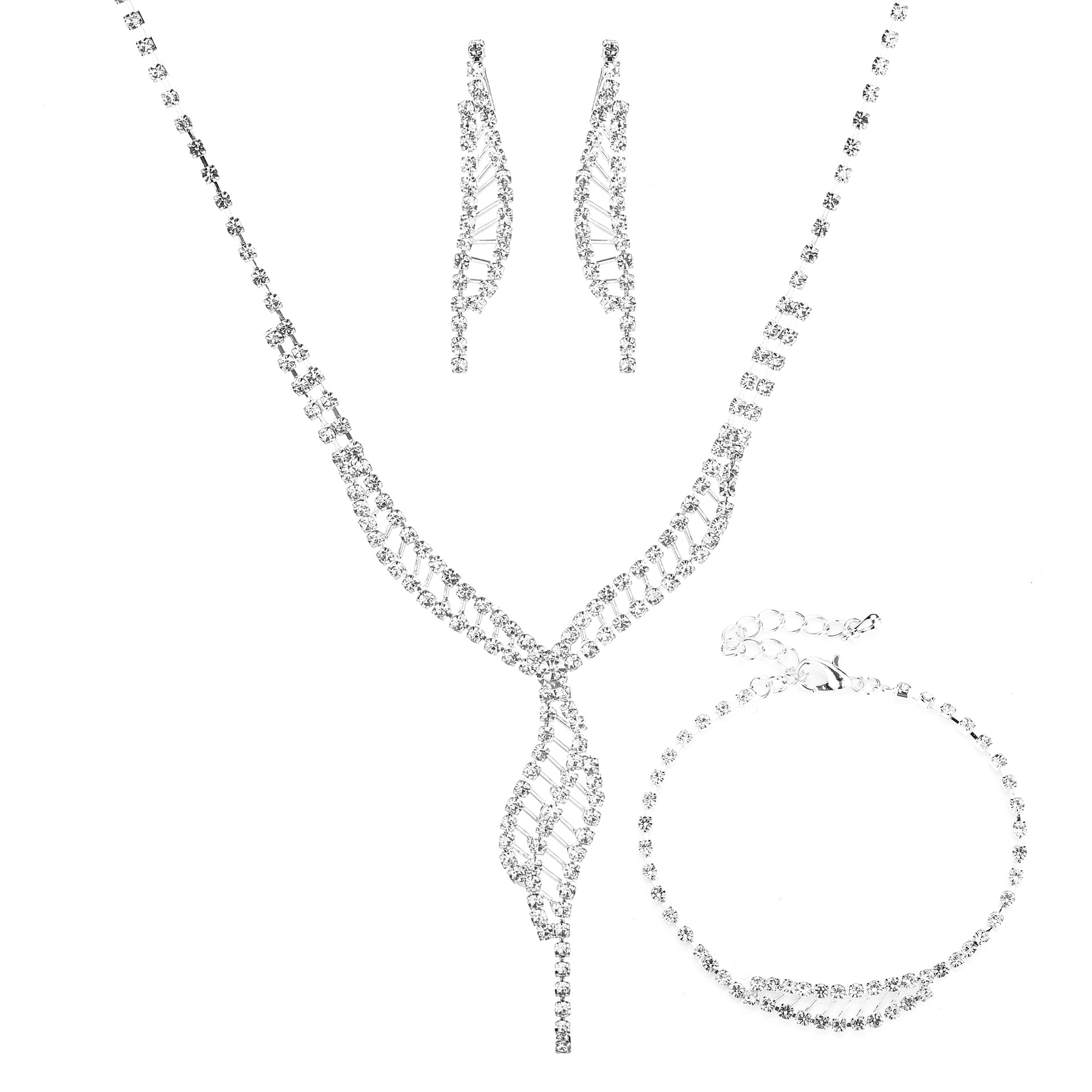 Mode Braut Voller Diamant Kupfer Halskette Ohrringe Armband Drei-stück Set display picture 4