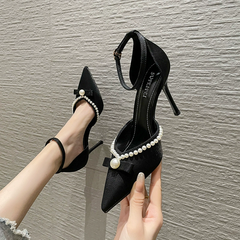888-16 Модные женские туфли на высоком каблуке с атласным острым жемчугом 2022 Весна Новые одиночные туфли на сверхвысоком тонком каблуке с мелким ртом для женщин
