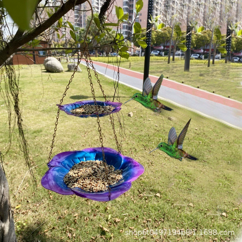 Двухслойная подвесная кормушка для птиц с цветочным декором для сада, кормушка для птиц с поддоном для воды и купания, уличная подвесная кормушка