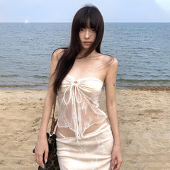 クロスボーダー2025欧米風春の新型女装純色修身胸ベストファッション高腰スカートセット