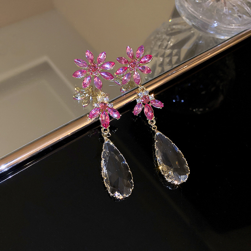 Fashion Inlaid Rhinestone Flower Long Tassel Earrings Wholesale display picture 2