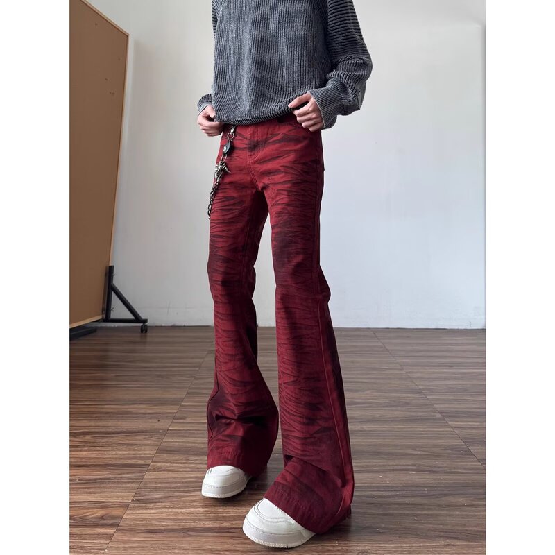 Ankela Red Leopard Print Versatile Wide-Leg Jeans for Men, New High-Waisted Loose Slimming Pants for Autumn 2025