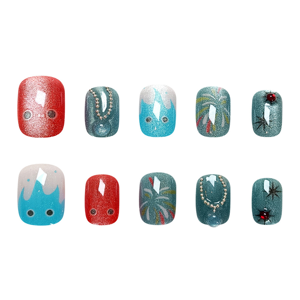 Uñas postizas artesanales con efecto llama pequeña, piezas de uñas postizas con efecto ojo de gato fuegos artificiales, set de 10 uñas postizas cortas con perlas al por mayor.