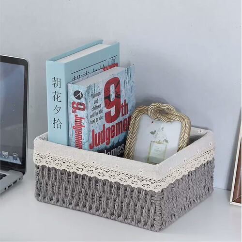Desk clutter storage basket wicker key remote control storage box paper rope basket woven frame snack storage basket