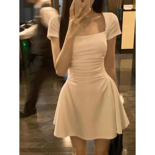 Summer New Hepburn Style Square Neck Petite Elegant Waist-Cinching White Dress Slim Fit Short Skirt
