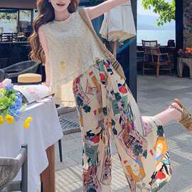 小清新减龄休闲无袖波点上衣印花阔腿裤两件套女2026夏季新款套装
