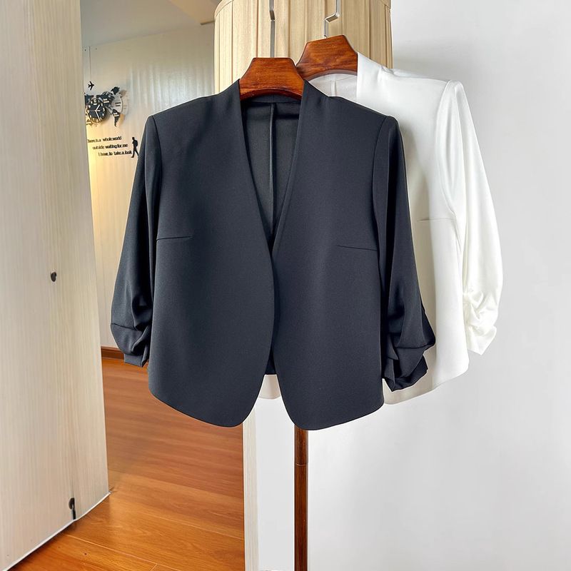 Shoulder Pad Collarless Acetate Linen Small Suit Women's Summer Thin Elegant Commuter Buckle-free Cardigan Outer Short Coat Women