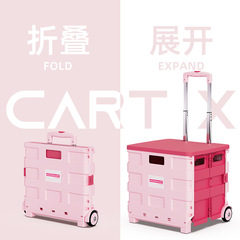 源工場の携帯型野菜買い車のトロリーの手でレバーのプラスチックを押してスーパーマーケットのショッピングカートの屋外でキャンプします。
