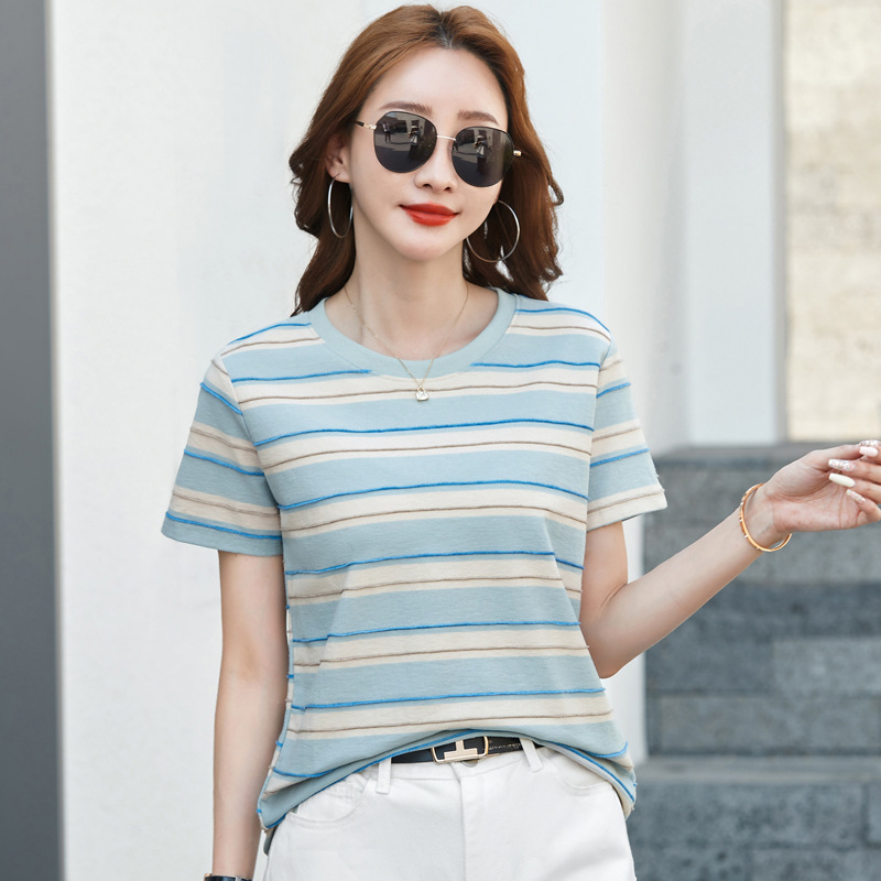 495 Summer New Shoulder Short-sleeved Striped T-shirt Women's Contrast Color Loose plus size Round Neck Artistic Vintage Jacquard Top