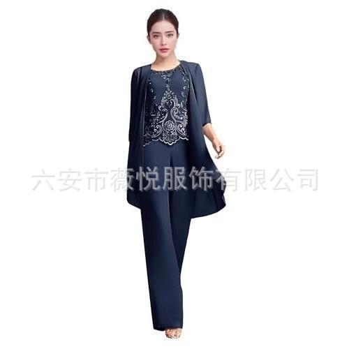 European and American Cross-Border Foreign Trade Plus-Size Women's Wide-Leg Pants Suit New Style Loose Banquet Three-Piece Set Mother's Evening Dress