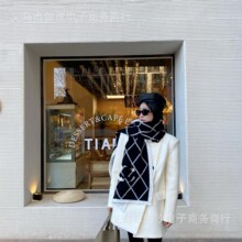 小香风菱格纹针织秋冬新款双面双色羊绒围巾披肩韩版保暖长款百