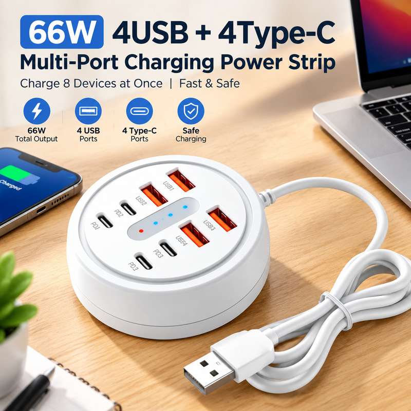 66W 8-in-1 docking station with 4 USB ports + 4 Type-C ports, multi-port fast charging power strip, mobile phone charging socket, factory direct sales 66W 8-in-1 docking station with 4 USB ports + 4 Type-C ports, multi-port fast charging power strip, mobile phone charging socket, factory direct sales
