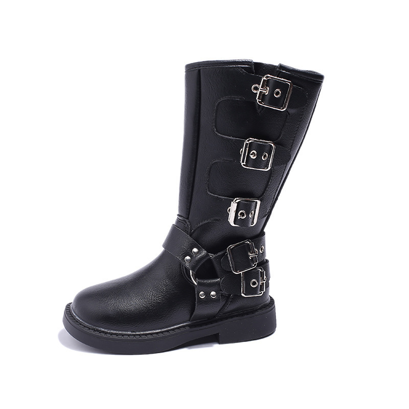 Bottes Martin montantes en cuir noires à fermeture éclair latérale pour filles et garçons de taille moyenne et grande, nouvelle collection automne 2024_voghion.com