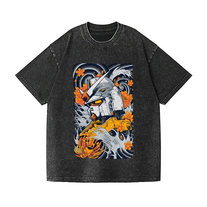 Gundam Rx-78-2 T-Shirt for Men, Vintage Acid-Washed Ukiyo-E Wave Pattern Mecha Streetwear Oversized Retro Style