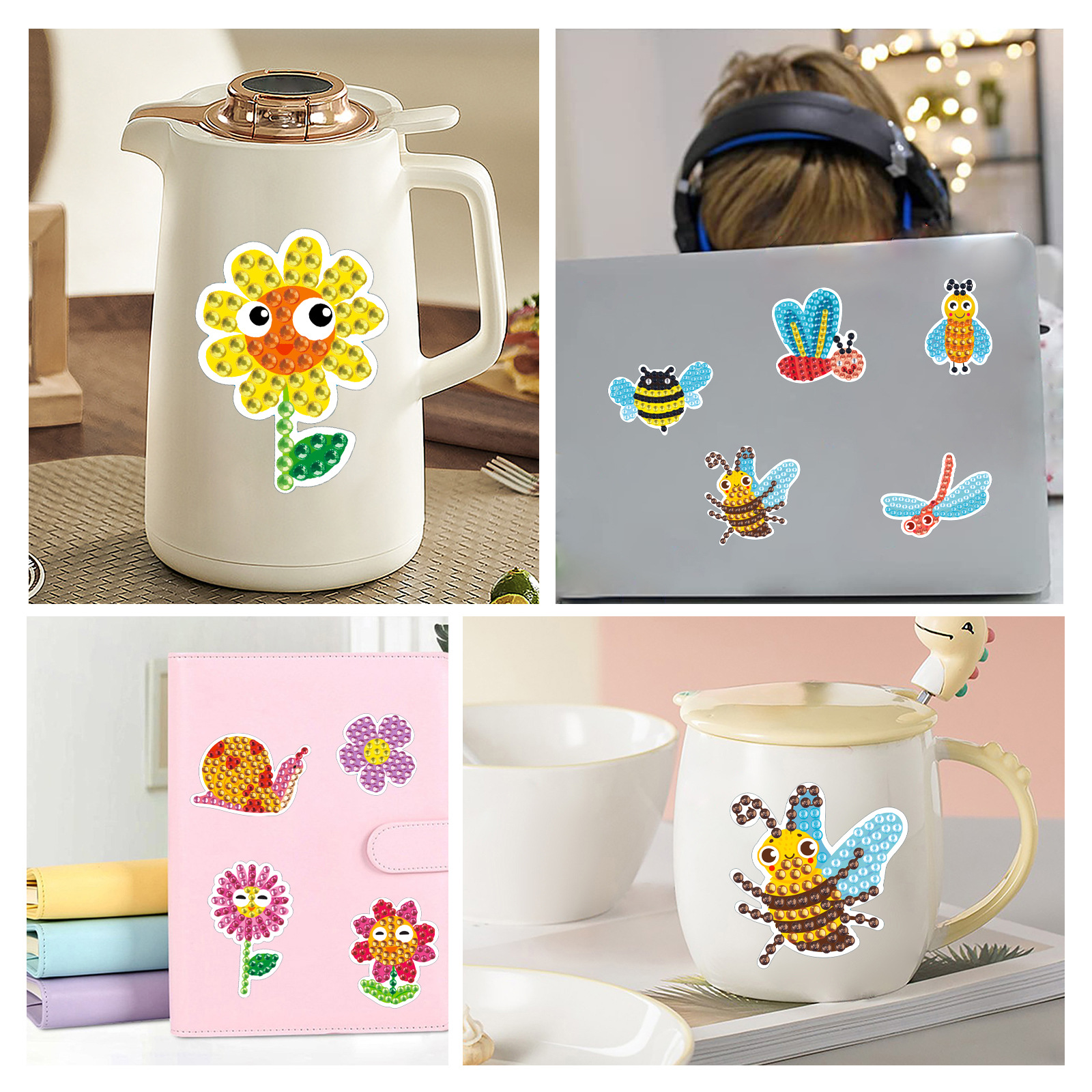 Venta caliente de dibujos animados pequeño insecto diamante pintura libre pegatinas DIY ladrillo pintura Pegatinas de pared hecho a mano 5d cristal brillante diamante