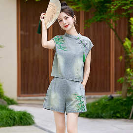 牛仔短裤套装女2024夏季新款小个子新中式国风刺绣欧货休闲两件套