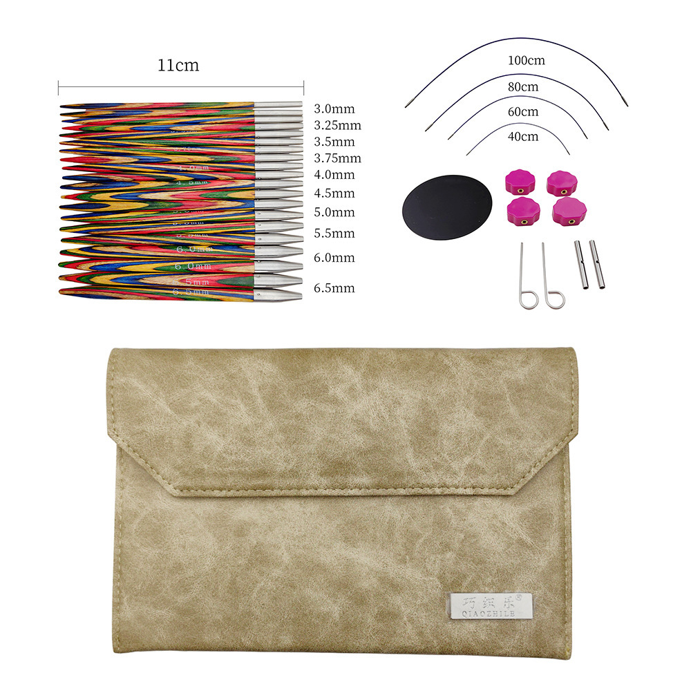 Herramientas de tejido nuevo color abedul madera sintética suéter aguja desmontable aguja de anillo un conjunto de 10 bolsas PU