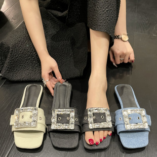 Rhinestone sandals and slippers for outdoor wear women's 2024 new summer square toe one-line beach shoes all-match denim flat shoes