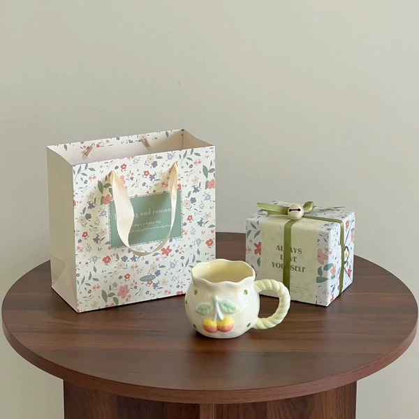 Green Cherry Cup+Flower Bag+Sending Stainless Steel Spoon Green Flower Packaging