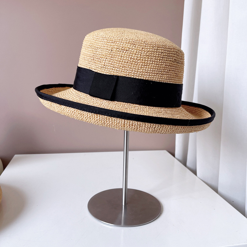 Hepburn Style French-style Handmade Crochet Raffia Brimmed Straw Women, Summer Sun Protection Bucket Hat For Seaside Vacations And_voghion.com