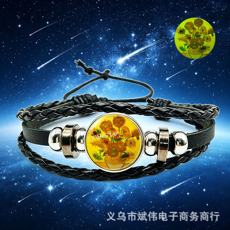 Cross-Border Jewelry Van Gogh Oil Painting Black Braided Leather Bracelet Vintage Handmade Sunflower Starry Sky Bracelet Wholesale