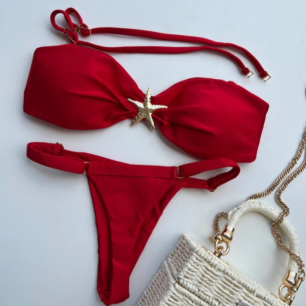 Neuer 2-teiliger Badeanzug mit Metallschmuck, sexy brasilianischer, eng anliegender Bikini, Damenbekleidung_voghion.com