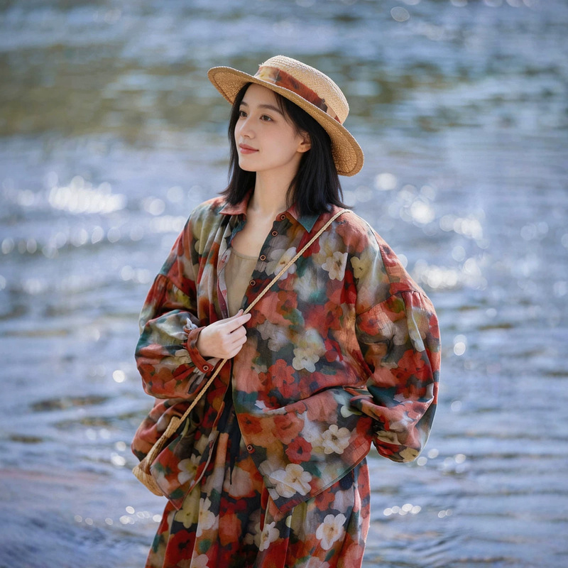 Retro Ramie Printed Shirt, Breathable and Skin-Friendly, Summer Lightweight Floral Sun Protection Top, Suitable for Work and Vacation Wear Retro Ramie Printed Shirt, Breathable and Skin-Friendly, Summer Lightweight Floral Sun Protection Top, Suitable for Work and Vacation Wear