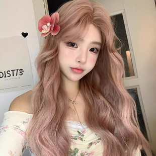 Xuchang Wig Women's Mid-length Curly Hair Fashionable Face Repair Age-reducing Fluffy Pink Full Head Cover Full Top Wig Hair Cover