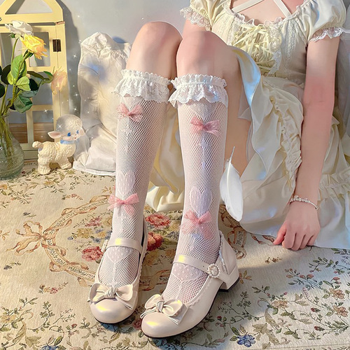 Lolita jk socks lace bow love calf socks lace hollow French sweet love soft girl mid-calf socks