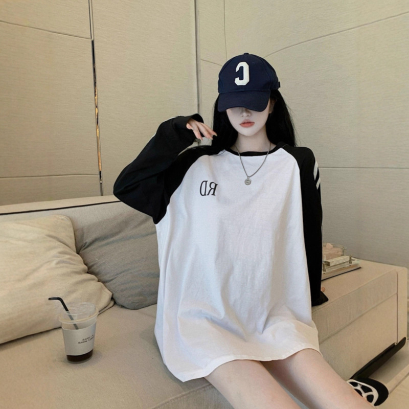 早秋韩版学生棉t恤女撞色拼接长袖中长款超火宽松打底衫上衣潮|undefined