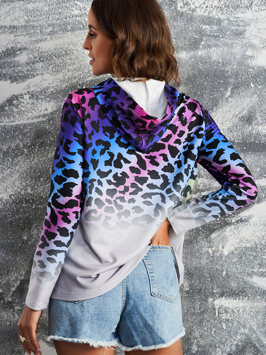 Winter New Gradient Color Sweatshirt For Women Trendy Leopard Print Tie Pullover Hoodie_desvips.com