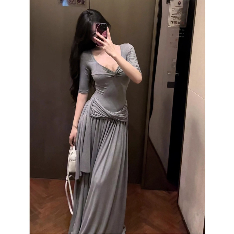 欧美跨境亚马逊法式纯欲灰色扭结连衣裙女夏季新款感气质收腰长裙|undefined