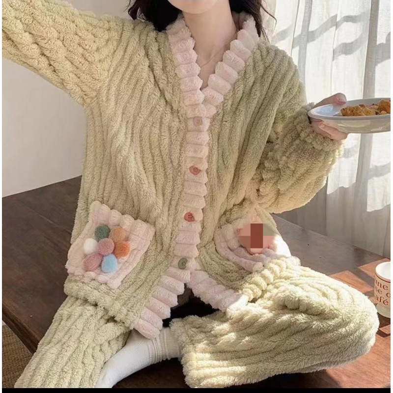 冬季珊瑚绒睡衣套装女秋冬加厚保暖开衫睡袍可外穿彩虹甜美家居服|undefined