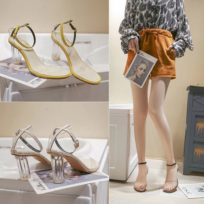 High Heels Open Toe 2025 New Sandals Women's Summer Outer Wear One-Line Buckle High Heel Sandals Thick Heel Transparent Strap Sandals