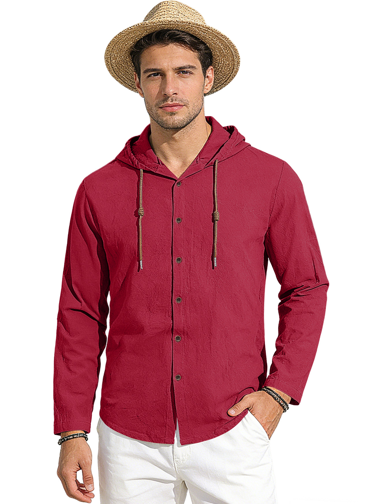 Transfronterizo Amazon nuevo estilo de primavera y verano hombre encapuchado camiseta suelta de algodón puro transpirable camisa casual de manga larga