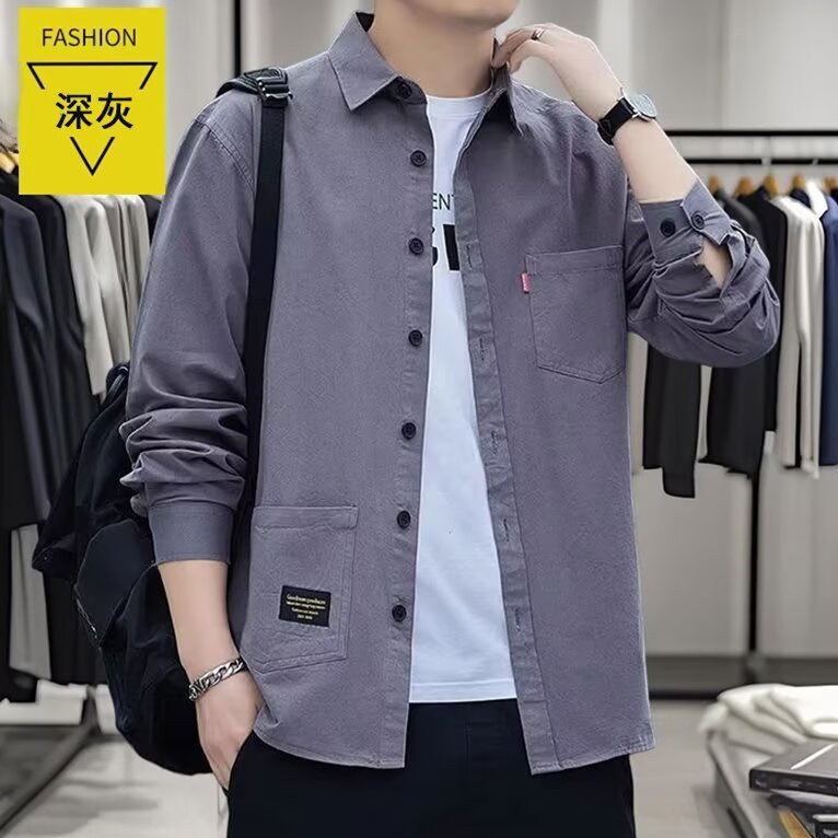 Solid color, loose-fit, long-sleeved work shirt, men's outerwear, casual shirt for spring and autumn, versatile men's top, wholesale at a low price Solid color, loose-fit, long-sleeved work shirt, men's outerwear, casual shirt for spring and autumn, versatile men's top, wholesale at a low price