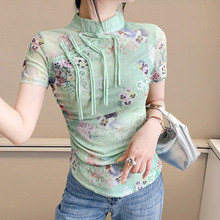 2025年设计感高级感国潮盘扣立领短袖印花T恤女打底衫欧货上衣潮
